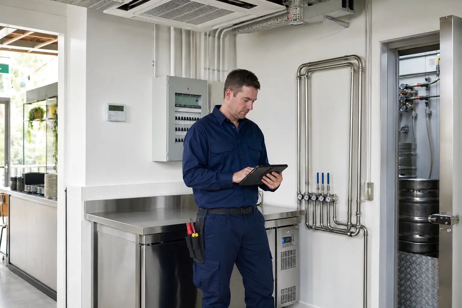 Commercial HVACR technician coordinating refrigeration, air conditioning, electrical controls and glycol systems